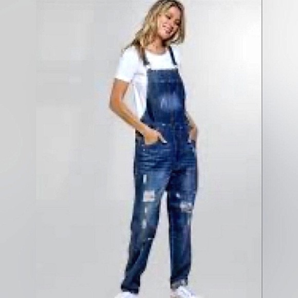 VICI OVERALLS Distressed Frayed Dark Blue Sz Small AMAZING JEANS! Super Cute!! - Picture 1 of 16